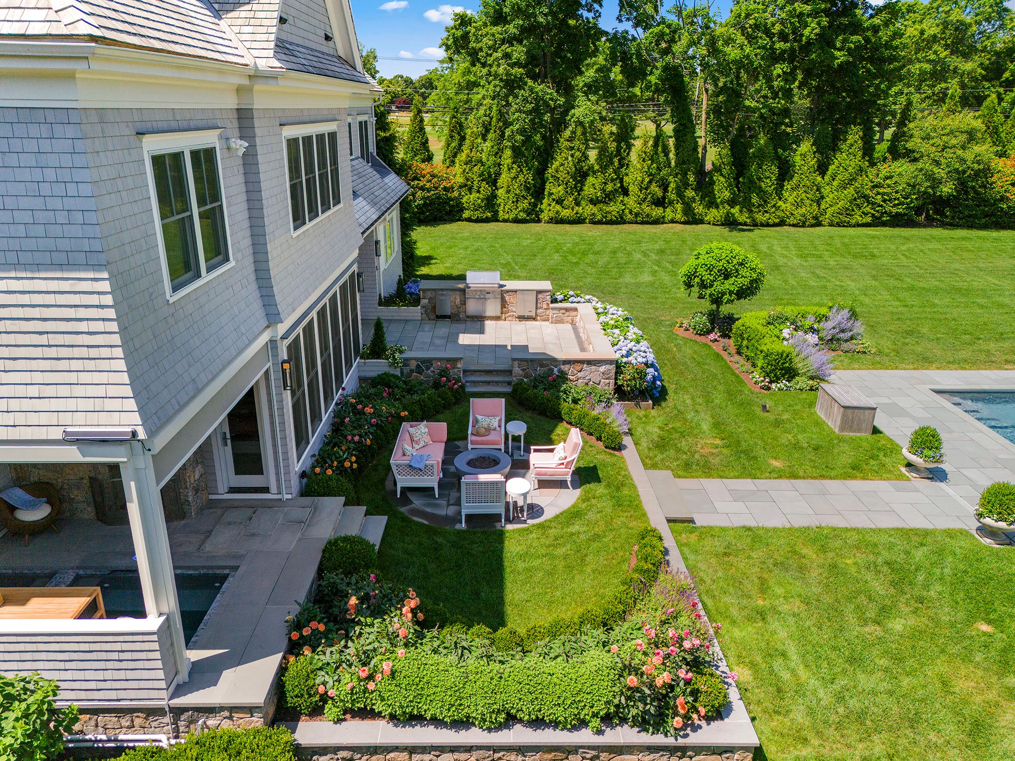 covered hot/cold plunge & formal garden